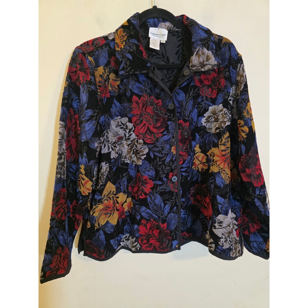 Coldwater Creek Floral Tapestry Button Front Jacket Petite Large  Black Red Blue
